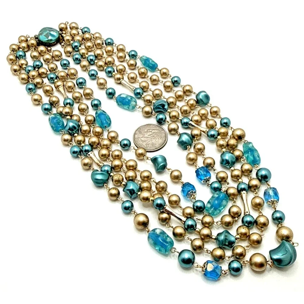Vintage Japan Multi Strand Beaded Choker Necklace Blue Gold Mid Century 16